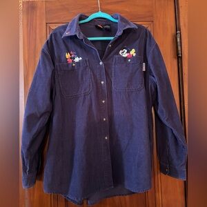 Dark Blue Mickey & Minnie Mouse Embroidered Corduroy Style Button Down Shirt